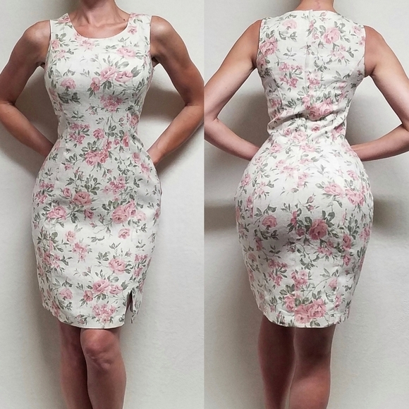 90s Vintage Sag Harbor Pink Cabbage Rose Linen Burlap Knit Side Slit Mini Dress